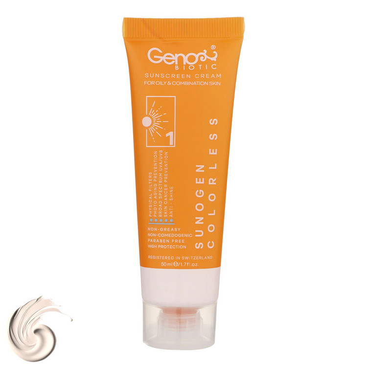 کرم ضدآفتاب بیرنگ ژنوبایوتیک SPF50 مدل 01، مناسب پوستهای مختلط و چرب، حجم 50 میلیلیتر