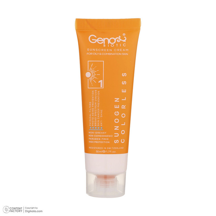 کرم ضدآفتاب بیرنگ ژنوبایوتیک SPF50 مدل 01، مناسب پوستهای مختلط و چرب، حجم 50 میلیلیتر