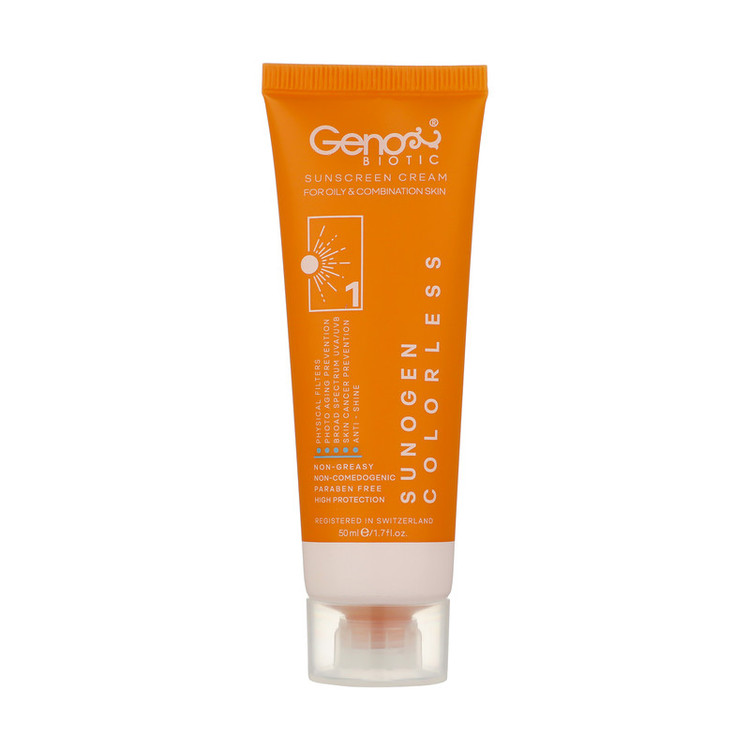 کرم ضدآفتاب بیرنگ ژنوبایوتیک SPF50 مدل 01، مناسب پوستهای مختلط و چرب، حجم 50 میلیلیتر
