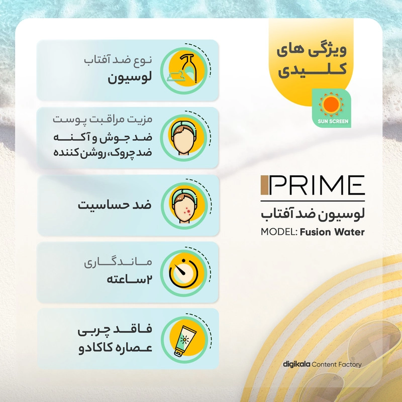 لوسیون ضدآفتاب بی‌رنگ پرایم SPF50 مدل Fusion Water، مناسب پوست‌های چرب، حجم 30 میلی‌لیتر