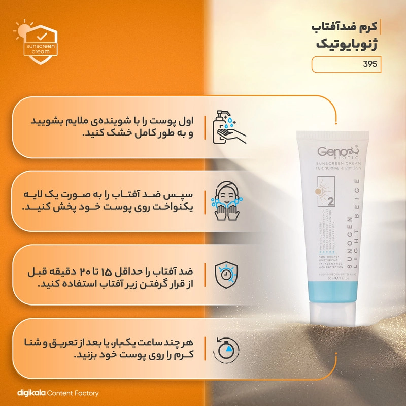 کرم ضدآفتاب ژنوبایوتیک مدل 395، حجم 50 میلیلیتر