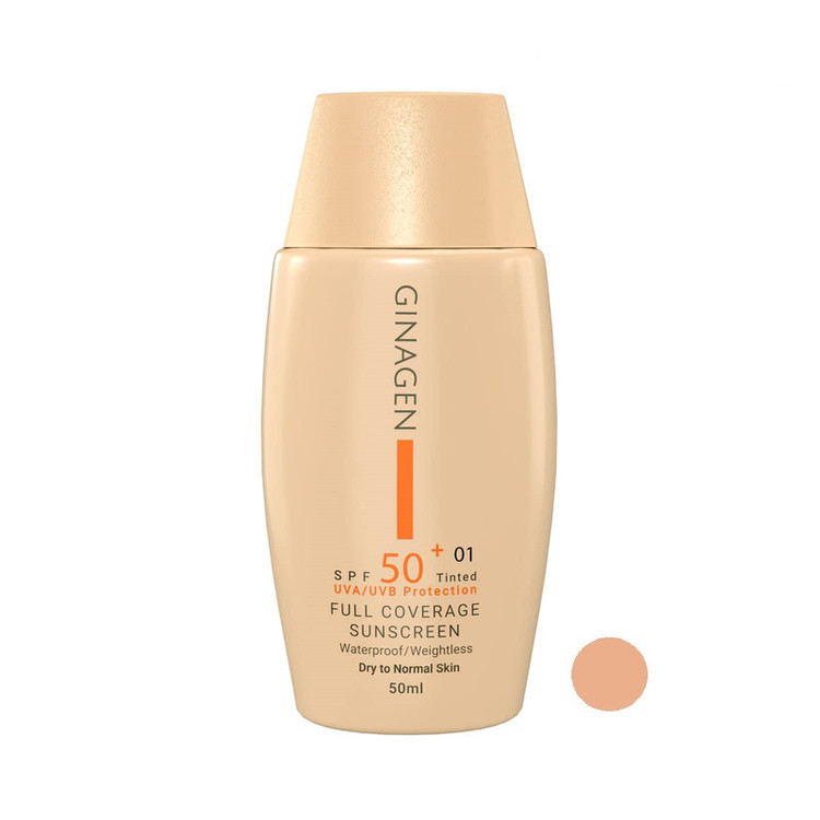 کرم ضد آفتاب رنگی ژیناژن، SPF 50، مدل 01، مناسب پوستهای خشک و نرمال با تنالیته متوسط و حجم 50 میلیلیتر، ضد آب، فاقد پارابن، محافظتکننده در برابر اشعههای UVA و UVB، ارای فرمولاسیون بدون الکل و گلیسیرین غنی شده با ویتامین E، با ماندگاری 4 ساعته