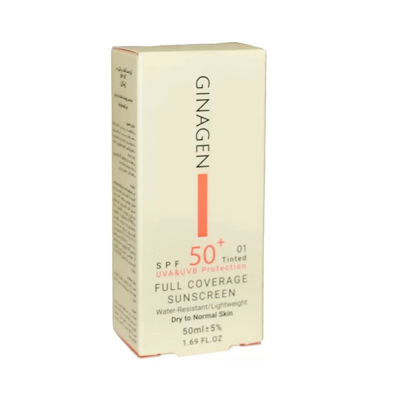 کرم ضد آفتاب رنگی ژیناژن، SPF 50، مدل 01، مناسب پوستهای خشک و نرمال با تنالیته متوسط و حجم 50 میلیلیتر، ضد آب، فاقد پارابن، محافظتکننده در برابر اشعههای UVA و UVB، ارای فرمولاسیون بدون الکل و گلیسیرین غنی شده با ویتامین E، با ماندگاری 4 ساعته