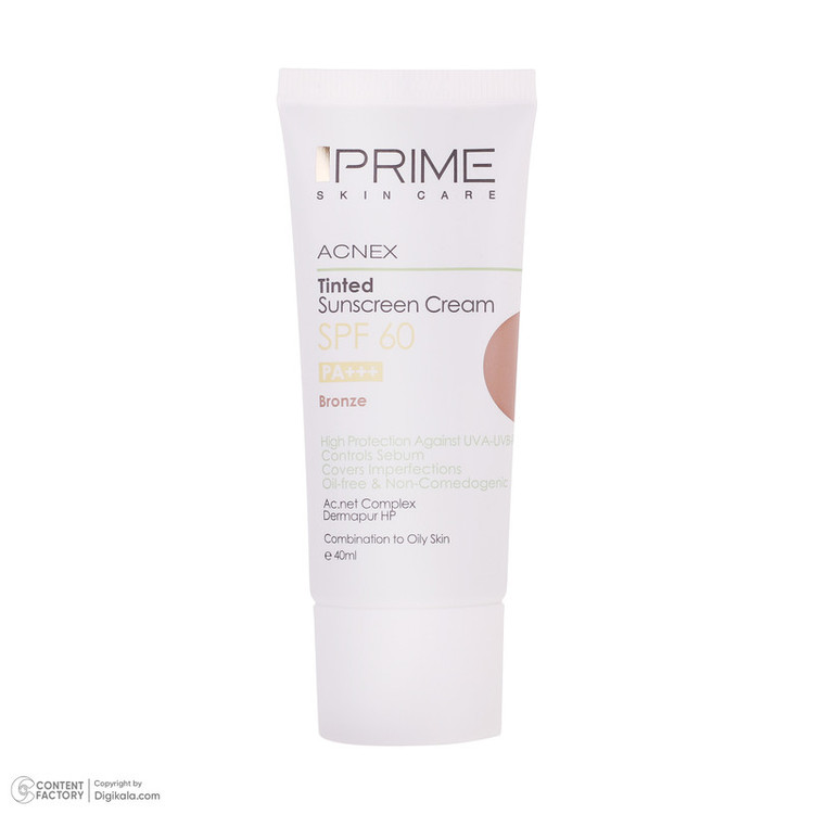کرم ضدآفتاب رنگی پرایم مدل Acnex SPF60، مناسب پوستهای چرب، حجم 40 میلیلیتر