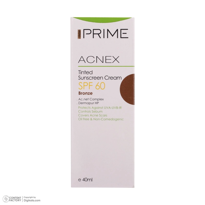 کرم ضدآفتاب رنگی پرایم مدل Acnex SPF60، مناسب پوستهای چرب، حجم 40 میلیلیتر