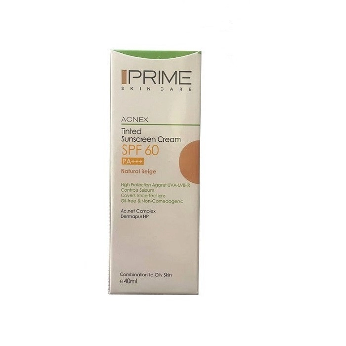 کرم ضدآفتاب رنگی پرایم، 60 SPF، مدل 02، مناسب پوست چرب و مختلط تنالیته رنگ متوسط و حجم 40 میلی‌لیتر، محافظت کننده در برابر اشعه UVA،IRو UVB، کنترل کننده ترشح سبوم، فاقد چربی و غیر کومدون‌زا، +++PA، پوشش دهنده جای جوش، با ماندگاری 3 ساعته