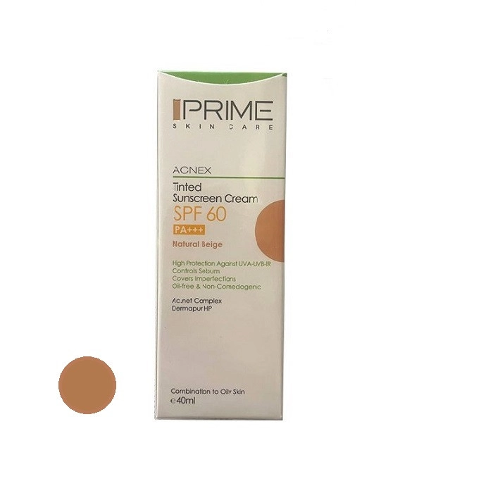 کرم ضدآفتاب رنگی پرایم، 60 SPF، مدل 02، مناسب پوست چرب و مختلط تنالیته رنگ متوسط و حجم 40 میلی‌لیتر، محافظت کننده در برابر اشعه UVA،IRو UVB، کنترل کننده ترشح سبوم، فاقد چربی و غیر کومدون‌زا، +++PA، پوشش دهنده جای جوش، با ماندگاری 3 ساعته
