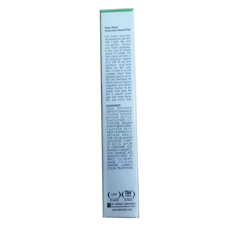 کرم ضدآفتاب رنگی پرایم، 60 SPF، مدل 02، مناسب پوست چرب و مختلط تنالیته رنگ متوسط و حجم 40 میلی‌لیتر، محافظت کننده در برابر اشعه UVA،IRو UVB، کنترل کننده ترشح سبوم، فاقد چربی و غیر کومدون‌زا، +++PA، پوشش دهنده جای جوش، با ماندگاری 3 ساعته
