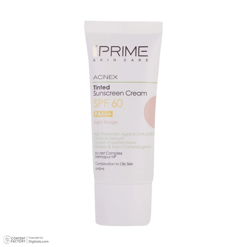 کرم ضدآفتاب رنگی پرایم SPF60 مدل Acnex، مناسب پوستهای چرب، حجم 40 میلیلیتر