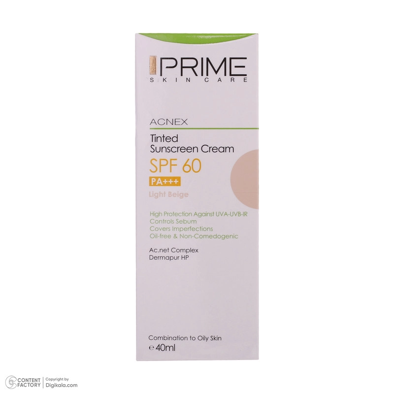 کرم ضدآفتاب رنگی پرایم SPF60 مدل Acnex، مناسب پوستهای چرب، حجم 40 میلیلیتر