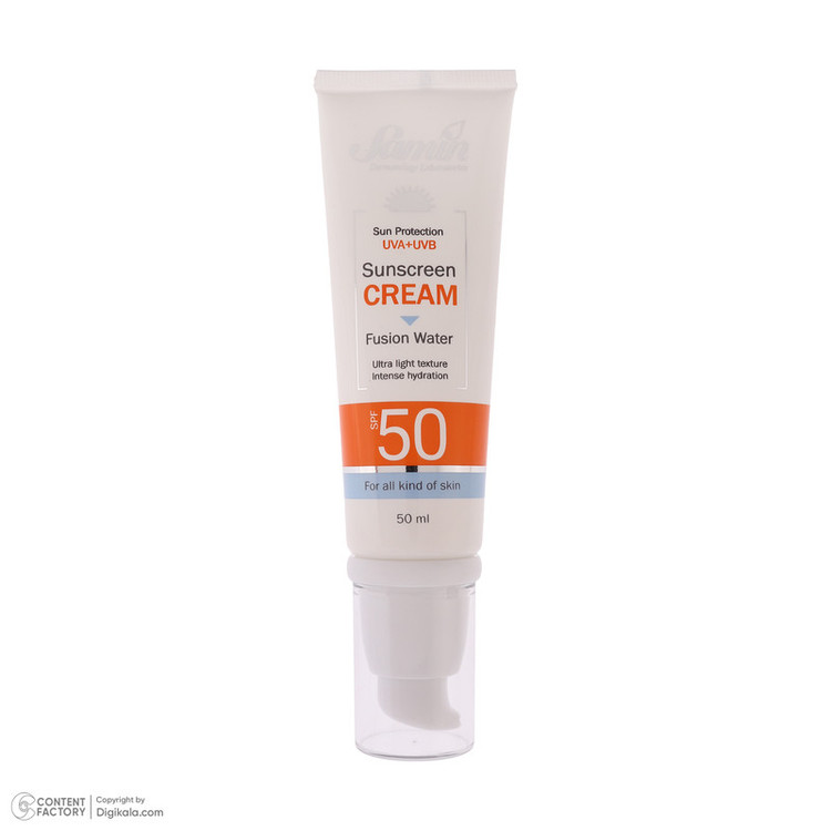 کرم ضد آفتاب بیرنگ دست و صورت ثمین SPF 50 مدل Fusion Water مناسب برای انواع پوست حجم 50 میلی لیتر