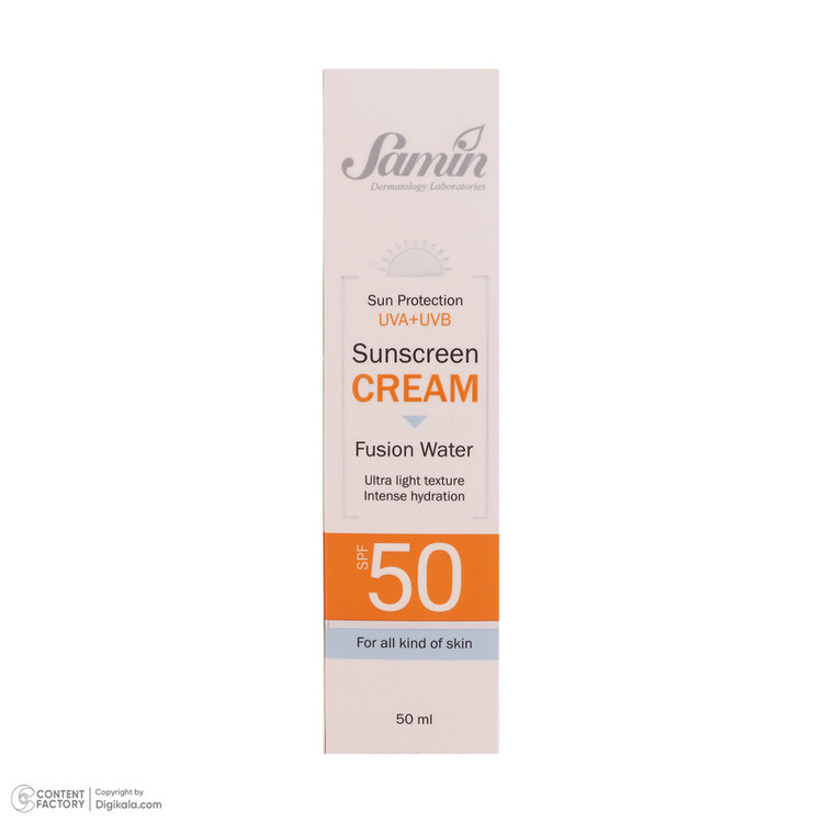 کرم ضد آفتاب بیرنگ دست و صورت ثمین SPF 50 مدل Fusion Water مناسب برای انواع پوست حجم 50 میلی لیتر