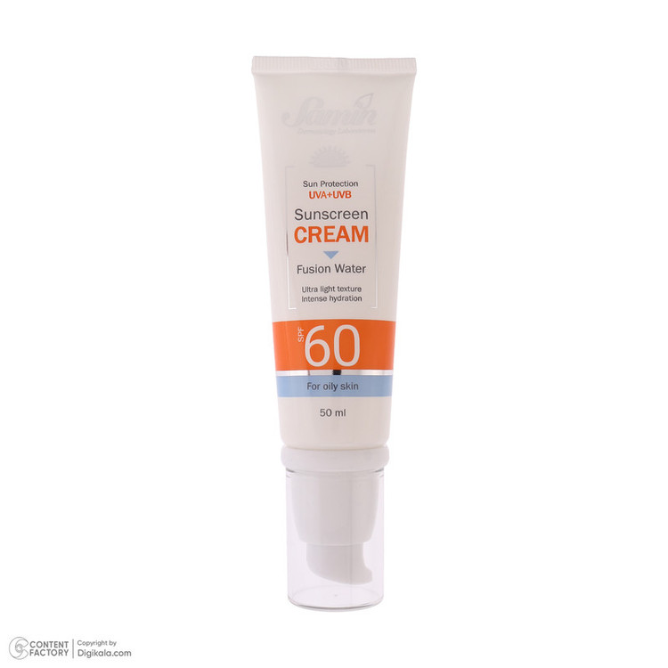 کرم ضد آفتاب بیرنگ صورت ثمین SPF 60 مدل Fusion Water مناسب برای پوست چرب حجم 50 میلی لیتر