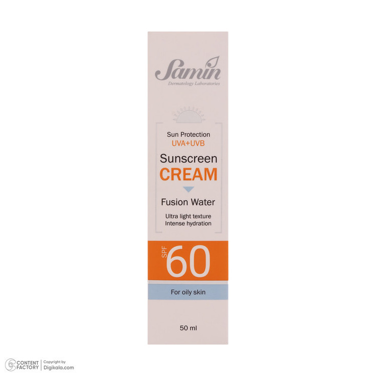 کرم ضد آفتاب بیرنگ صورت ثمین SPF 60 مدل Fusion Water مناسب برای پوست چرب حجم 50 میلی لیتر