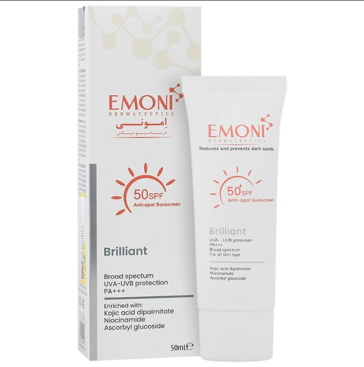 کرم ضد آفتاب ضد لک بدون رنگ امونی spf50 مدل brilliant مناسب انواع پوست حجم 50 میلیلیتر